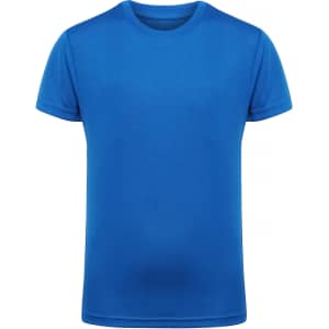 A blue kids' performance T-shirt with a classic crew neck and short sleeves. It features a logo on the front.