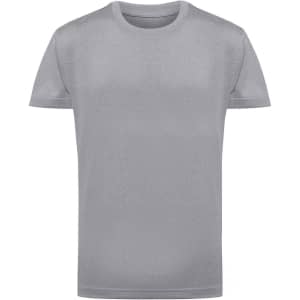 A grey kids' performance T-shirt with a classic crew neck and short sleeves. It features a logo.
