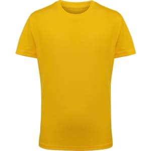 A bright yellow kids' performance T-shirt with short sleeves and a simple design. It features a logo on the label.