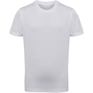 A white kids' performance T-shirt with short sleeves, featuring a branding logo.