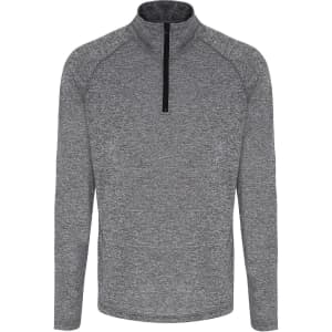 A grey long sleeve performance 1/4 zip top with a zippered collar and raglan sleeves. Features a logo.