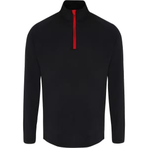 A black long sleeve performance 1/4 zip top with a red zip. The top features a logo on the design.