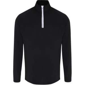 A black long sleeve performance 1/4 zip top with a white zipper and a brand logo on the front.