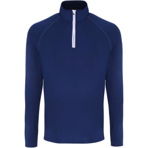 A long sleeve performance 1/4 zip top in navy blue with a white zipper and a branding logo.
