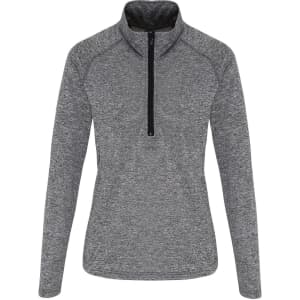 A long sleeve performance 1/4 zip top in a grey melange fabric, featuring a zip closure and black accents.