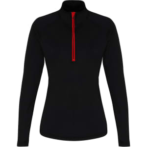 A long sleeve performance 1/4 zip top in black with a red zipper, featuring a brand logo.