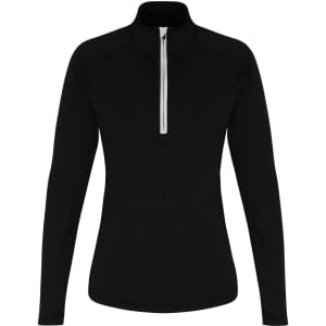 A black long sleeve performance 1/4 zip top with a white zip and a logo.