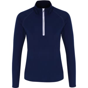 A navy long sleeve performance top with a 1/4 zip and a small logo on the chest.