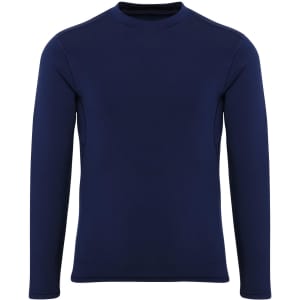 A long-sleeved navy blue performance baselayer top with a round neckline and no visible logos.