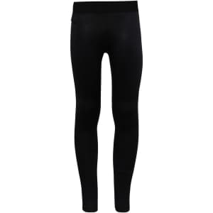A pair of black kids' training leggings featuring a fitted design and a waistband, with a logo on the fabric.