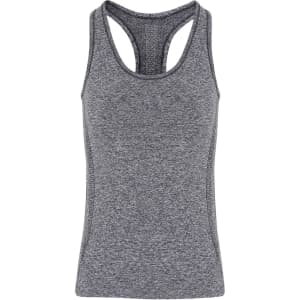 A seamless grey sport sculpt vest featuring a racerback design and a fitted silhouette. It has a logo on the fabric.