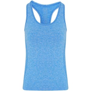 A blue seamless 3D fit sport sculpt vest featuring a racerback design and textured fabric. It has a logo on the front.