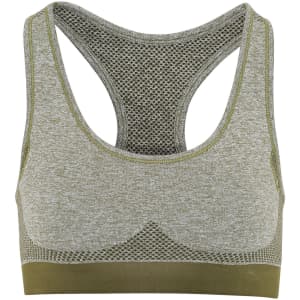 A seamless sport bra in grey and olive green, featuring a breathable mesh design and a branded logo.