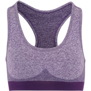A purple sport bra with a seamless design and mesh detailing, featuring a branding logo.