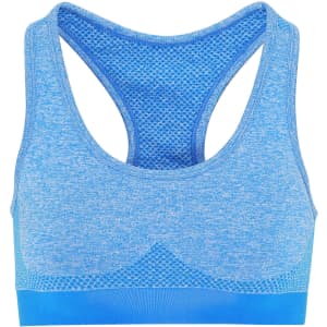 A seamless sport sculpt bra in blue with a racerback design and mesh detailing. Features a branded logo.