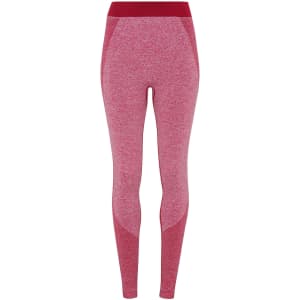 Seamless 3D fit sport sculpt leggings in a red and pink marled design with a contrasting waistband and branding.