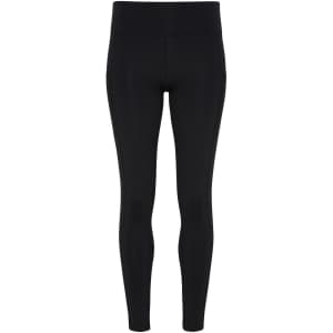 Black performance compression leggings with a high waistband and a sleek design. Features a logo.