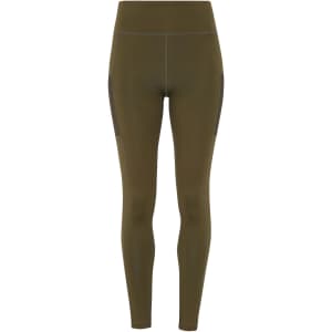 Performance compression leggings in olive green with pockets and a sleek, fitted design. Features a logo.
