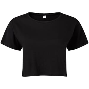 A black crop top with a round neckline and short sleeves, featuring a label inside.