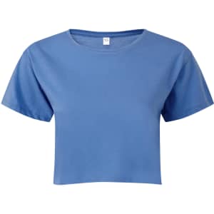 A blue crop top with short sleeves and a round neckline, featuring a tag inside.