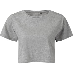 A grey crop top with short sleeves and a round neckline, featuring a simple design and branding.