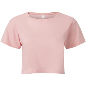 A pink crop top with short sleeves and a round neckline. It features a label in the collar area.
