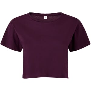 A cropped top in a rich burgundy colour with short sleeves and a round neckline, featuring a label inside.
