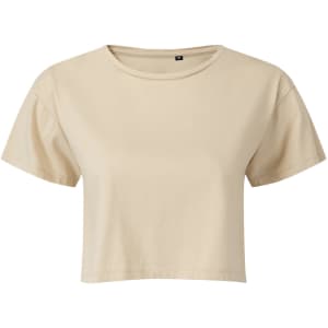 A beige crop top with short sleeves and a round neckline. It features a logo on the label.