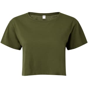 A cropped top in olive green with short sleeves and a round neckline, featuring a brand label inside.