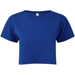A blue crop top with short sleeves and a round neckline. It features a label inside the collar.