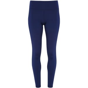 Navy performance leggings with a high waistband and a sleek, fitted design. Features a branding logo.