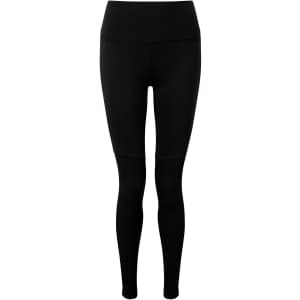 Black yoga leggings with a high waistband, featuring a smooth, stretchy fabric and a minimalist design.