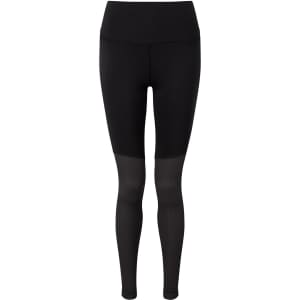Black yoga leggings featuring a high waistband and mesh panel details. The design includes a branding logo.