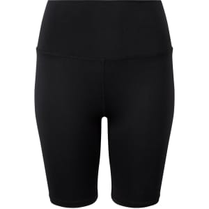 Black legging shorts featuring a high waistband and a simple design, with a logo present on the garment.