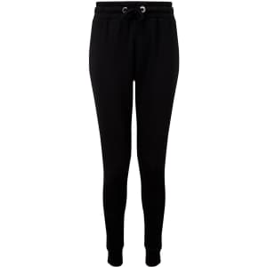A pair of fitted joggers in black with an elastic waistband and ankle cuffs. The joggers have drawstring details.