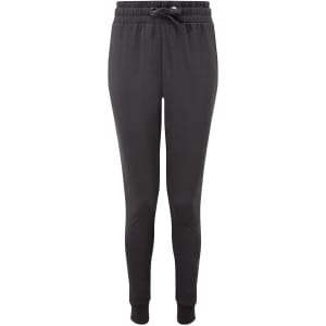 Fitted joggers in dark grey, featuring an elastic waistband and cuffs. Includes a logo on the waistband.