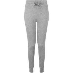 Fitted joggers in light grey with a drawstring waist and tapered cuffs. Features a logo on the waistband.