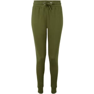 Fitted joggers in a deep olive green colour with an elastic waistband and drawstring. Features a logo on the waistband.