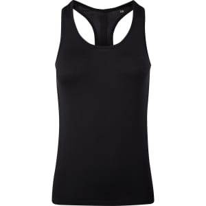 A black seamless sports vest with a racerback design and a fitted silhouette. Features a logo on the side.