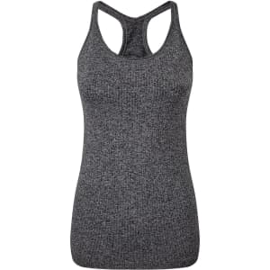 A seamless grey sports vest with a racerback design and textured fabric. It features a logo on the side.