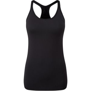 A black seamless ribbed sport vest with a racerback design and a fitted silhouette. Features a branding logo.