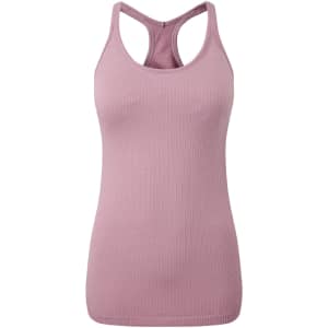 A pink seamless sports vest with a ribbed texture and a racerback design, featuring a branding logo.