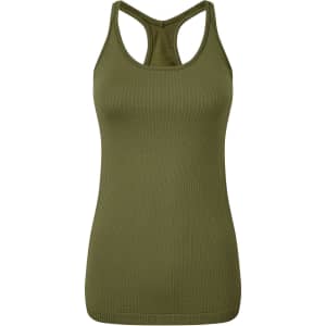 A seamless, olive green sports vest with a ribbed texture and racerback design. It features a logo on the front.