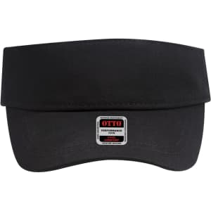 A black sun visor with a wide brim and a logo tag. Designed for UPF 50+ sun protection.