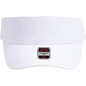 A white sun visor featuring a wide brim and a logo on the front. It is designed for sun protection.
