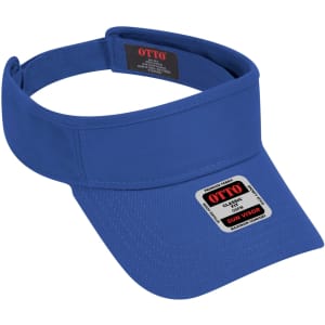 A blue sun visor with a wide brim and a logo. The visor features a comfortable fabric design.
