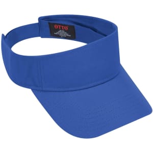 A blue sun visor with a wide brim and an adjustable band, featuring a logo on the inside.