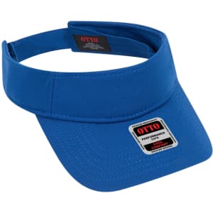 A blue sun visor with a wide brim and an adjustable strap, featuring a logo on the front.