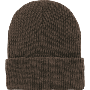 A brown knitted beanie with a folded cuff, featuring a subtle logo.