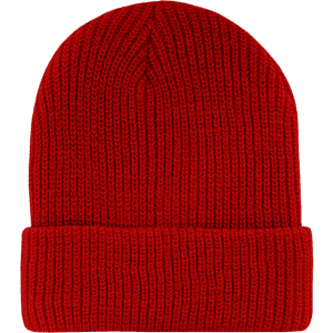 A red knit watch cap with a folded brim, featuring a logo on the side.